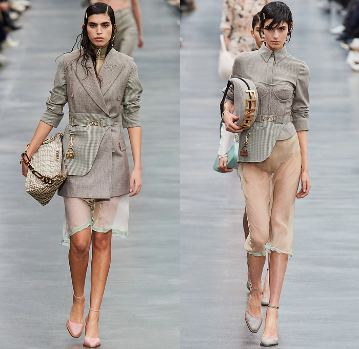 Fendi 2022-2023 Fall Autumn Winter Womens Runway Looks - Milano Moda Donna Collezione Milan Fashion Week Italy - Fluid Sheer Chiffon Ruffles Frills Long Sleeve Blouse Check Stripes Fur Outerwear Trench Coat Shirtdress Bustier Shapewear Corset Onesie Romper Playsuit Combishorts Denim Jeans Dress Loungewear Shorts Pencil Skirt Miniskirt Wide Leg Slouchy Pants Fanny Pack Waist Pouch Belt Bag Handbag Tote Arm Warmers Knit Opera Gloves Boots