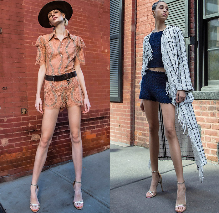 Frederick Anderson 2022 Pre-Fall Autumn Womens Lookbook Presentation - Mesh Lace Embroidery Blouse Flowers Floral Knit Crochet Weave Pompoms Crop Top Midriff Fringes Check Grid Lattice Coat Robe Jacket Blazer One Shoulder Sleeveless Low Neckline Wide Sleeves Silk Satin Onesie Jumpsuit Mini Dress Miniskirt Stripes Gown Shorts Denim Jeans Wide Leg Palazzo Pants Hat