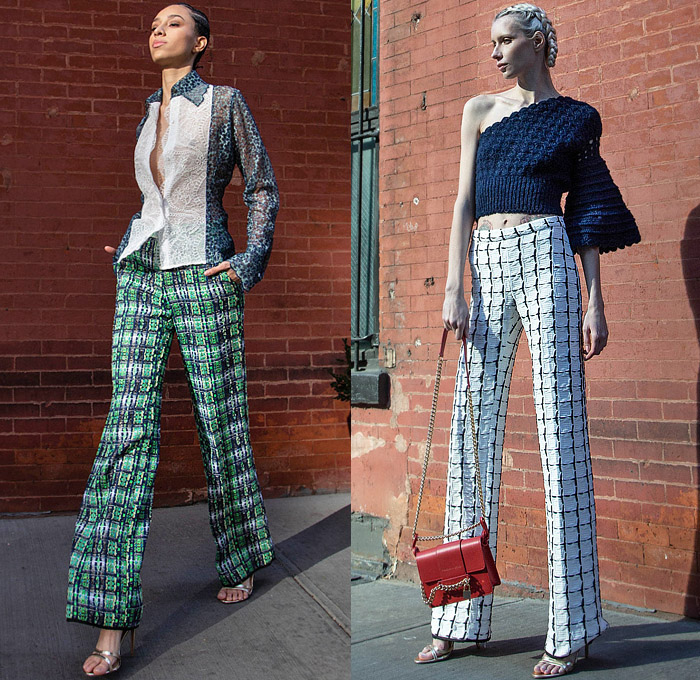 Frederick Anderson 2022 Pre-Fall Autumn Womens Lookbook Presentation - Mesh Lace Embroidery Blouse Flowers Floral Knit Crochet Weave Pompoms Crop Top Midriff Fringes Check Grid Lattice Coat Robe Jacket Blazer One Shoulder Sleeveless Low Neckline Wide Sleeves Silk Satin Onesie Jumpsuit Mini Dress Miniskirt Stripes Gown Shorts Denim Jeans Wide Leg Palazzo Pants Hat