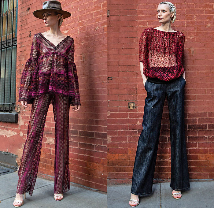 Frederick Anderson 2022 Pre-Fall Autumn Womens Lookbook Presentation - Mesh Lace Embroidery Blouse Flowers Floral Knit Crochet Weave Pompoms Crop Top Midriff Fringes Check Grid Lattice Coat Robe Jacket Blazer One Shoulder Sleeveless Low Neckline Wide Sleeves Silk Satin Onesie Jumpsuit Mini Dress Miniskirt Stripes Gown Shorts Denim Jeans Wide Leg Palazzo Pants Hat