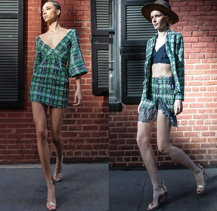 Frederick Anderson 2022 Pre-Fall Autumn Womens Lookbook Presentation - Mesh Lace Embroidery Blouse Flowers Floral Knit Crochet Weave Pompoms Crop Top Midriff Fringes Check Grid Lattice Coat Robe Jacket Blazer One Shoulder Sleeveless Low Neckline Wide Sleeves Silk Satin Onesie Jumpsuit Mini Dress Miniskirt Stripes Gown Shorts Denim Jeans Wide Leg Palazzo Pants Hat