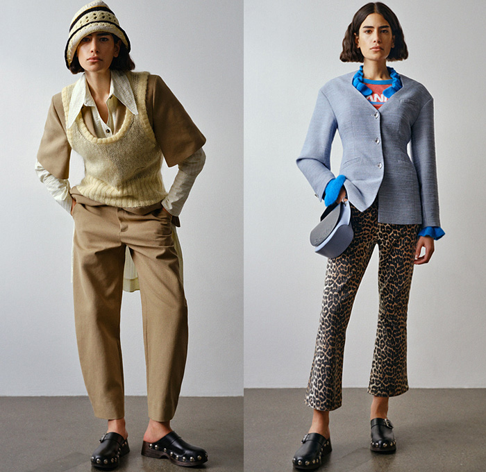 Ganni 2022 Pre-Fall Autumn Womens Lookbook Presentation - Denim Jeans Vest Tabard Fair Isle Knit Sweater Coat Pinstripe Bedazzled Sequins Adorned Jacquard Brocade Poufy Shoulders Puff Sleeves Leopard Cheetah Furry Swimear Bikini Dress Ruffles Shorts Cutoffs Embroidery Flowers Floral Khakis Flare Pants Tote Handbag Clogs