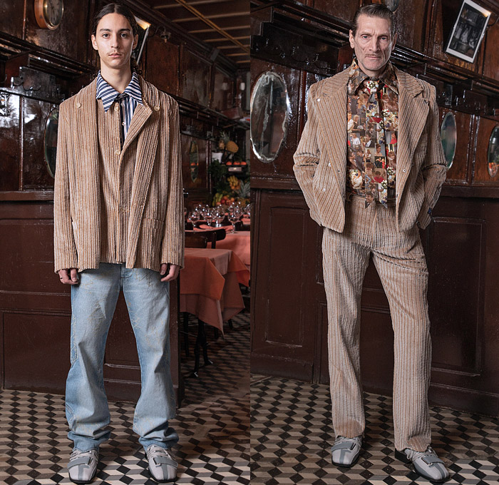 Georges Wendell 2022-2023 Fall Autumn Winter Mens Lookbook Presentation - Paris Fashion Week Mens Homme Automne Hiver - L’Ami Louis Bistro - Grunge Marbled Denim Jeans Jacket Jagged Hem Patchwork Stripes Shirt Neck Tie Holes Cutout Knit Cardigan Diamond Shaped Geometric Logo Loungewear Sleepwear Pajamas Photo Picture Collage Corduroy Blazer Jacket Shaggy Fur Tied Plaid Check Coat