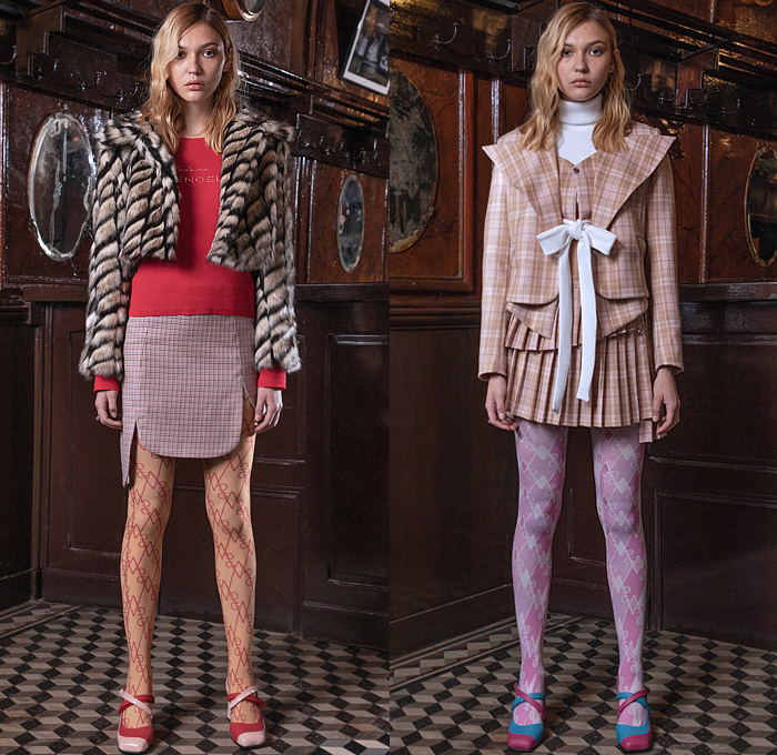 Georges Wendell 2022-2023 Fall Autumn Winter Womens Lookbook Presentation - Paris Fashion Week Homme Automne Hiver - L’Ami Louis Bistro - Lace Embroidery Photo Picture Collage Crop Top Midriff Jacket Dress Leggings Tights Stripes Tied Knot Bows Corduroy Fur Asymmetrical Hem Miniskirt Plaid Check Logo Accordion Pleats Coat 