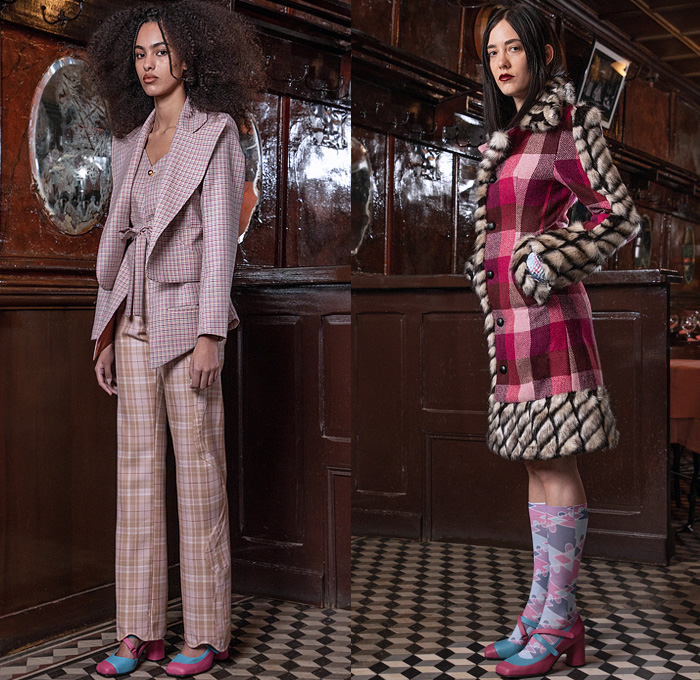 Georges Wendell 2022-2023 Fall Autumn Winter Womens Lookbook Presentation - Paris Fashion Week Homme Automne Hiver - L’Ami Louis Bistro - Lace Embroidery Photo Picture Collage Crop Top Midriff Jacket Dress Leggings Tights Stripes Tied Knot Bows Corduroy Fur Asymmetrical Hem Miniskirt Plaid Check Logo Accordion Pleats Coat 