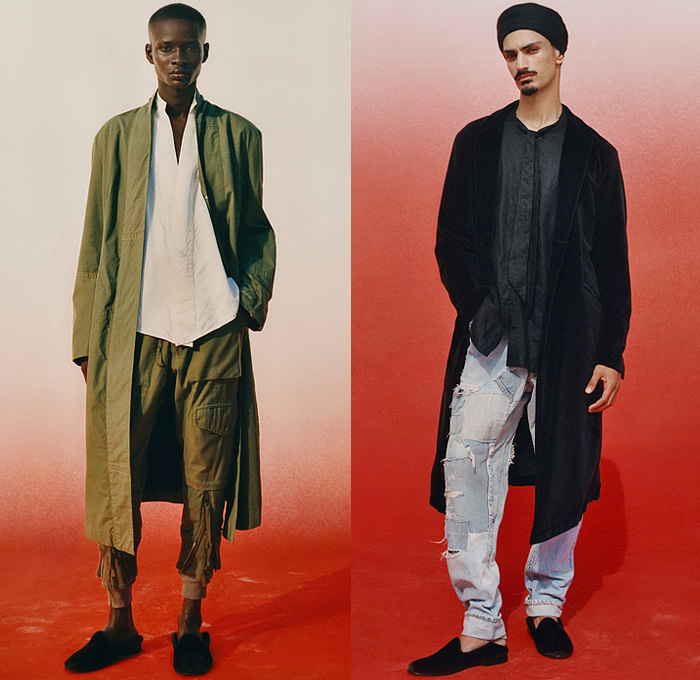 Greg Lauren 2022-2023 Fall Autumn Winter Mens Lookbook Presentation - New Formal Knit Cap Patchwork Rags Vintage Repurposed Upcycled Outerwear Fur Coat Parka Robe Poncho Quilted Puffer Cropped Pants Cargo Pants Utility Pockets Patches Flowers Floral Rose Leaves Petals Geometric Tux Tuxedo Jacket Wide Leg Hat Train Frayed Raw Hem Slip-Ons