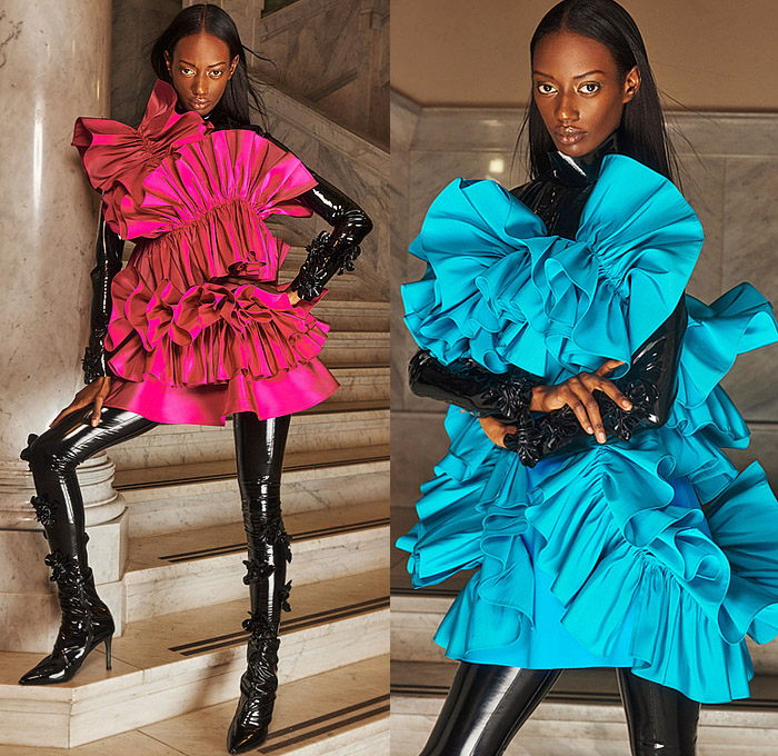 Greta Constantine 2022-2023 Fall Autumn Winter Womens Lookbook Presentation - PVC Vinyl Flowers Floral Voluminous Tiered Ruffles Frills One Shoulder Off Shoulder Dress Gown Eveningwear Tights Leggings Poufy Shoulders Puff Sleeves Wide Leg Palazzo Pants Blouse Long Sleeve Silk Satin Tied Twist Turtleneck Train Draped Panel Stripes Angles Puffer Outerwear Coat Parka Metal Gold Boots