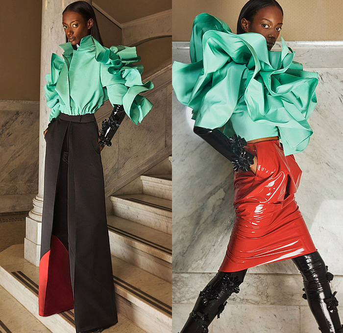 Greta Constantine 2022-2023 Fall Autumn Winter Womens Lookbook Presentation - PVC Vinyl Flowers Floral Voluminous Tiered Ruffles Frills One Shoulder Off Shoulder Dress Gown Eveningwear Tights Leggings Poufy Shoulders Puff Sleeves Wide Leg Palazzo Pants Blouse Long Sleeve Silk Satin Tied Twist Turtleneck Train Draped Panel Stripes Angles Puffer Outerwear Coat Parka Metal Gold Boots