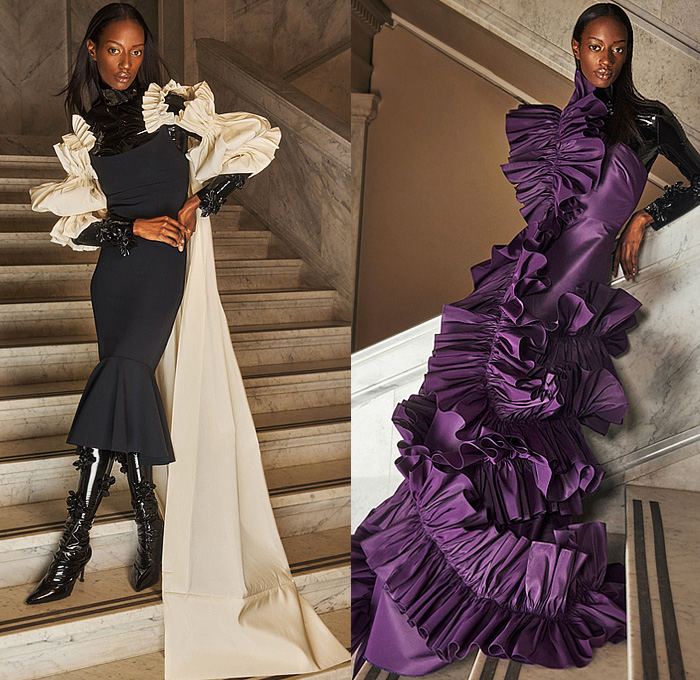 Greta Constantine 2022-2023 Fall Autumn Winter Womens Lookbook Presentation - PVC Vinyl Flowers Floral Voluminous Tiered Ruffles Frills One Shoulder Off Shoulder Dress Gown Eveningwear Tights Leggings Poufy Shoulders Puff Sleeves Wide Leg Palazzo Pants Blouse Long Sleeve Silk Satin Tied Twist Turtleneck Train Draped Panel Stripes Angles Puffer Outerwear Coat Parka Metal Gold Boots