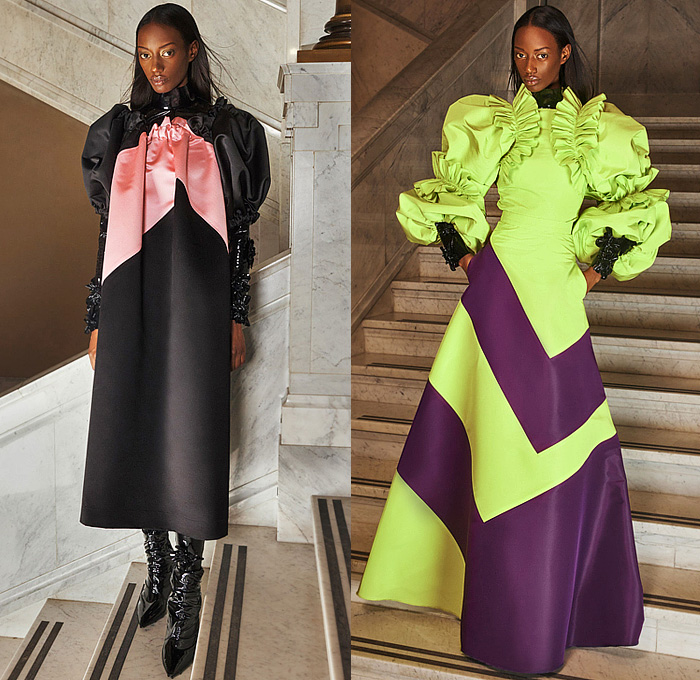 Greta Constantine 2022-2023 Fall Autumn Winter Womens Lookbook Presentation - PVC Vinyl Flowers Floral Voluminous Tiered Ruffles Frills One Shoulder Off Shoulder Dress Gown Eveningwear Tights Leggings Poufy Shoulders Puff Sleeves Wide Leg Palazzo Pants Blouse Long Sleeve Silk Satin Tied Twist Turtleneck Train Draped Panel Stripes Angles Puffer Outerwear Coat Parka Metal Gold Boots