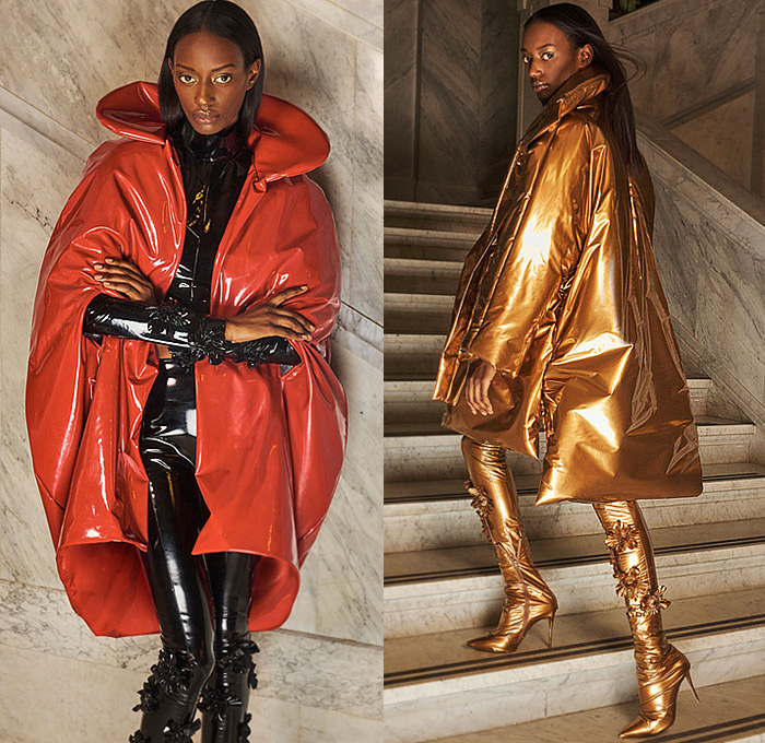 Greta Constantine 2022-2023 Fall Autumn Winter Womens Lookbook Presentation - PVC Vinyl Flowers Floral Voluminous Tiered Ruffles Frills One Shoulder Off Shoulder Dress Gown Eveningwear Tights Leggings Poufy Shoulders Puff Sleeves Wide Leg Palazzo Pants Blouse Long Sleeve Silk Satin Tied Twist Turtleneck Train Draped Panel Stripes Angles Puffer Outerwear Coat Parka Metal Gold Boots