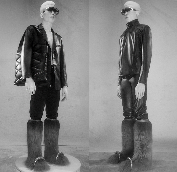 Han Kjøbenhavn 2022-2023 Fall Autumn Winter Mens Lookbook Presentation - Milano Moda Uomo Milan Fashion Week Mens - Sculpturing Darkness Frankenstein Boxy Shoulders Fur Denim Jeans Slouchy Frayed Raw Hem Sweater Turtleneck Bandage Quilted Puffer Blazer Jacket Leather Trench Coat Futuristic Wide Leg Sunglasses Metal Coil