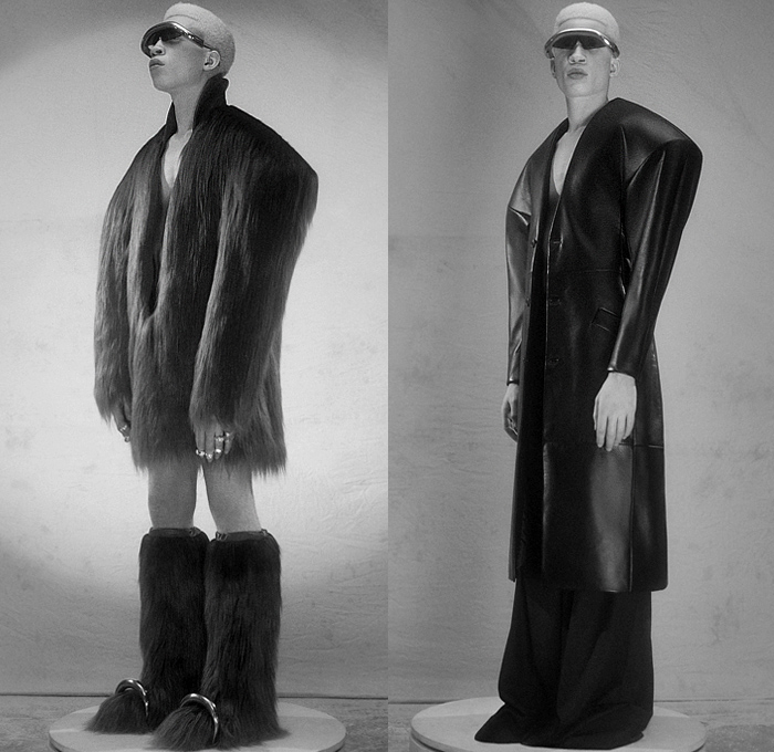 Han Kjøbenhavn 2022-2023 Fall Autumn Winter Mens Lookbook Presentation - Milano Moda Uomo Milan Fashion Week Mens - Sculpturing Darkness Frankenstein Boxy Shoulders Fur Denim Jeans Slouchy Frayed Raw Hem Sweater Turtleneck Bandage Quilted Puffer Blazer Jacket Leather Trench Coat Futuristic Wide Leg Sunglasses Metal Coil