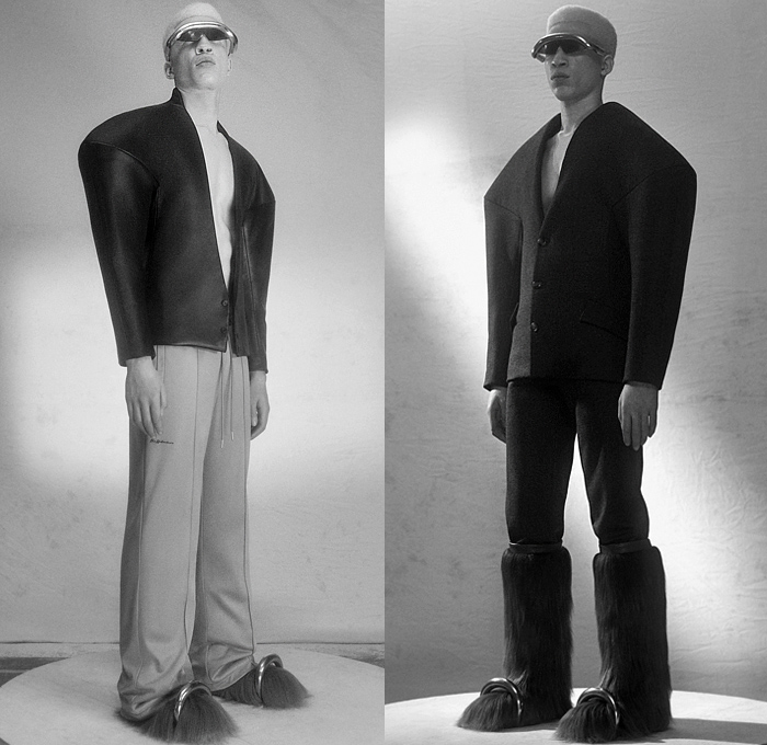 Han Kjøbenhavn 2022-2023 Fall Autumn Winter Mens Lookbook Presentation - Milano Moda Uomo Milan Fashion Week Mens - Sculpturing Darkness Frankenstein Boxy Shoulders Fur Denim Jeans Slouchy Frayed Raw Hem Sweater Turtleneck Bandage Quilted Puffer Blazer Jacket Leather Trench Coat Futuristic Wide Leg Sunglasses Metal Coil