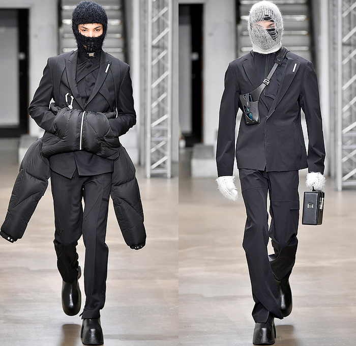 Heliot Emil 2022-2023 Fall Autumn Winter Mens Runway Looks - Paris Fashion Week Femme PFW - Carabiner Straps Belts Harness Balaclava Ski Mask Hoodie Knit Suit Blazer Jacket Quilted Puffer Coat Fur Shearling Parka Liquid Metal Zipper Utility Pockets Cargo Pants Gloves Boots Satchel Box Bag