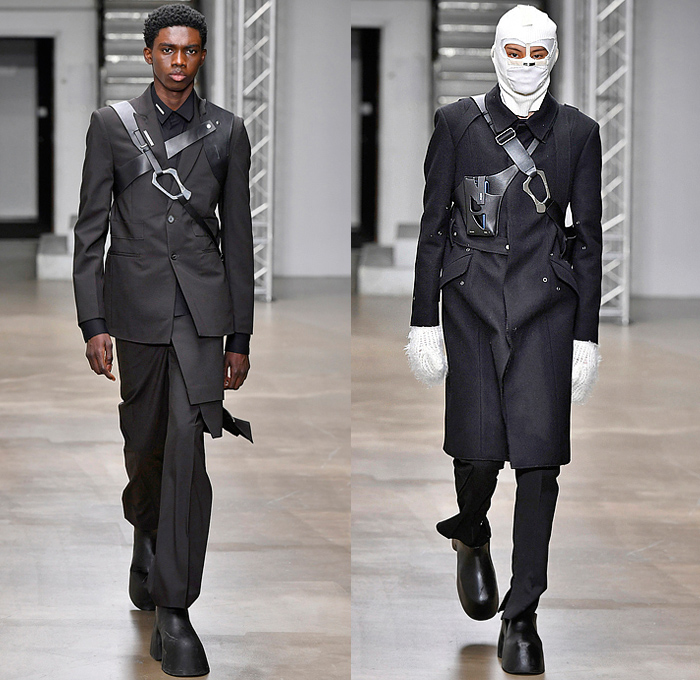 Heliot Emil 2022-2023 Fall Autumn Winter Mens Runway Looks - Paris Fashion Week Femme PFW - Carabiner Straps Belts Harness Balaclava Ski Mask Hoodie Knit Suit Blazer Jacket Quilted Puffer Coat Fur Shearling Parka Liquid Metal Zipper Utility Pockets Cargo Pants Gloves Boots Satchel Box Bag