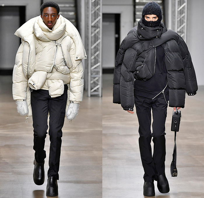 Heliot Emil 2022-2023 Fall Autumn Winter Mens Runway Looks - Paris Fashion Week Femme PFW - Carabiner Straps Belts Harness Balaclava Ski Mask Hoodie Knit Suit Blazer Jacket Quilted Puffer Coat Fur Shearling Parka Liquid Metal Zipper Utility Pockets Cargo Pants Gloves Boots Satchel Box Bag