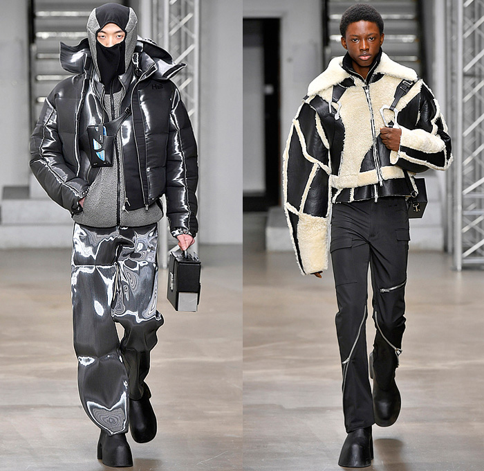 Heliot Emil 2022-2023 Fall Autumn Winter Mens Runway Looks - Paris Fashion Week Femme PFW - Carabiner Straps Belts Harness Balaclava Ski Mask Hoodie Knit Suit Blazer Jacket Quilted Puffer Coat Fur Shearling Parka Liquid Metal Zipper Utility Pockets Cargo Pants Gloves Boots Satchel Box Bag