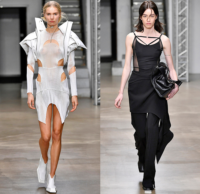 Heliot Emil 2022-2023 Fall Autumn Winter Womens Runway Looks - Paris Fashion Week Femme PFW - Carabiner Straps Belts Chainlink Mesh Knit Asymmetrical Dress Destroyed Threads Leather Crop Top Midriff Coat Parka Quilted Puffer Cutout Sheer Tulle One Shoulder Vest Gilet Zipper Pockets Motorcycle Moto Biker Jacket Miniskirt Blazer Pantsuit Harness Headwrap Handbag Arm Warmers Leg Warmers Boots