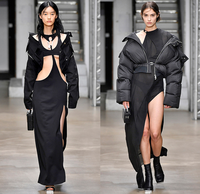 Heliot Emil 2022-2023 Fall Autumn Winter Womens Runway Looks - Paris Fashion Week Femme PFW - Carabiner Straps Belts Chainlink Mesh Knit Asymmetrical Dress Destroyed Threads Leather Crop Top Midriff Coat Parka Quilted Puffer Cutout Sheer Tulle One Shoulder Vest Gilet Zipper Pockets Motorcycle Moto Biker Jacket Miniskirt Blazer Pantsuit Harness Headwrap Handbag Arm Warmers Leg Warmers Boots