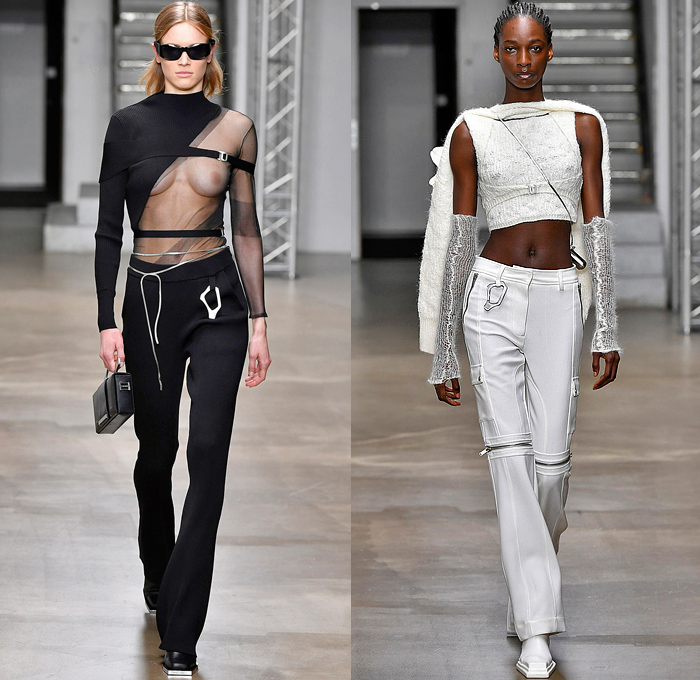 Heliot Emil 2022-2023 Fall Autumn Winter Womens Runway Looks - Paris Fashion Week Femme PFW - Carabiner Straps Belts Chainlink Mesh Knit Asymmetrical Dress Destroyed Threads Leather Crop Top Midriff Coat Parka Quilted Puffer Cutout Sheer Tulle One Shoulder Vest Gilet Zipper Pockets Motorcycle Moto Biker Jacket Miniskirt Blazer Pantsuit Harness Headwrap Handbag Arm Warmers Leg Warmers Boots