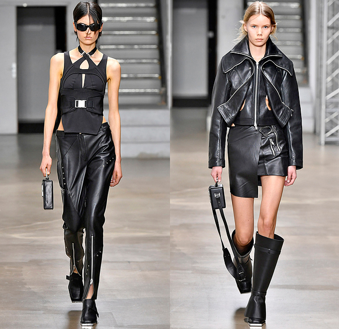 Heliot Emil 2022-2023 Fall Autumn Winter Womens Runway Looks - Paris Fashion Week Femme PFW - Carabiner Straps Belts Chainlink Mesh Knit Asymmetrical Dress Destroyed Threads Leather Crop Top Midriff Coat Parka Quilted Puffer Cutout Sheer Tulle One Shoulder Vest Gilet Zipper Pockets Motorcycle Moto Biker Jacket Miniskirt Blazer Pantsuit Harness Headwrap Handbag Arm Warmers Leg Warmers Boots