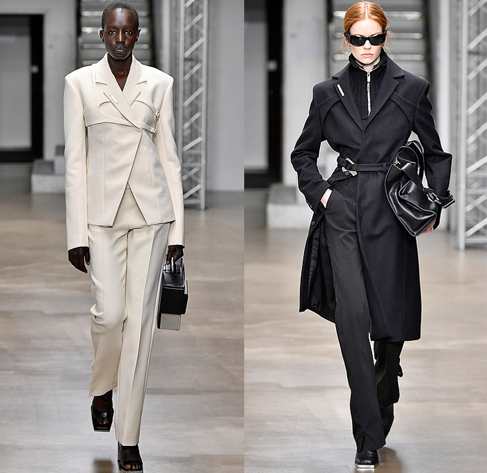 Heliot Emil 2022-2023 Fall Autumn Winter Womens Runway Looks - Paris Fashion Week Femme PFW - Carabiner Straps Belts Chainlink Mesh Knit Asymmetrical Dress Destroyed Threads Leather Crop Top Midriff Coat Parka Quilted Puffer Cutout Sheer Tulle One Shoulder Vest Gilet Zipper Pockets Motorcycle Moto Biker Jacket Miniskirt Blazer Pantsuit Harness Headwrap Handbag Arm Warmers Leg Warmers Boots