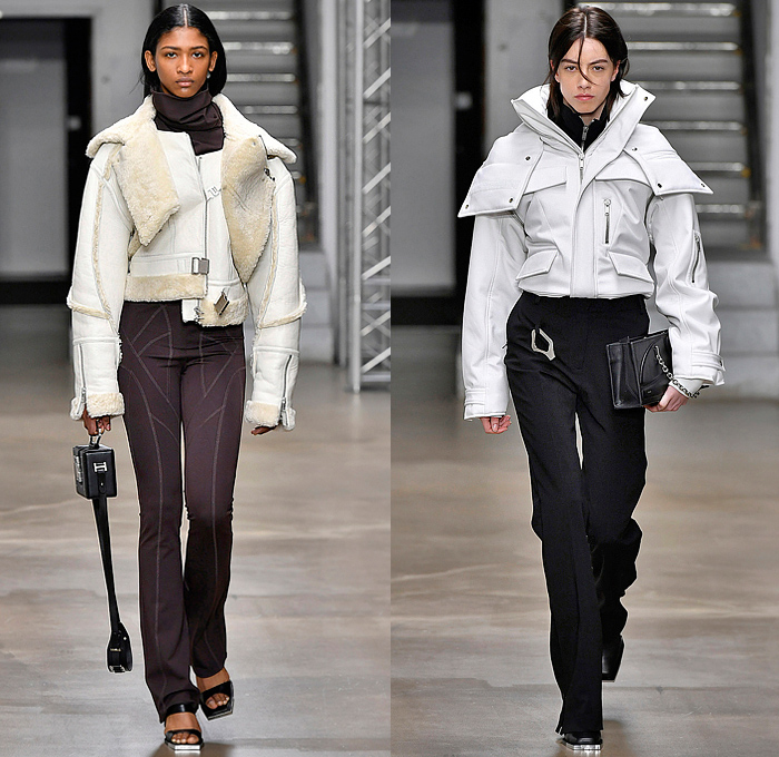 Heliot Emil 2022-2023 Fall Autumn Winter Womens Runway Looks - Paris Fashion Week Femme PFW - Carabiner Straps Belts Chainlink Mesh Knit Asymmetrical Dress Destroyed Threads Leather Crop Top Midriff Coat Parka Quilted Puffer Cutout Sheer Tulle One Shoulder Vest Gilet Zipper Pockets Motorcycle Moto Biker Jacket Miniskirt Blazer Pantsuit Harness Headwrap Handbag Arm Warmers Leg Warmers Boots