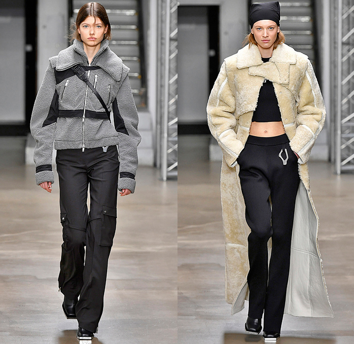 Heliot Emil 2022-2023 Fall Autumn Winter Womens Runway Looks - Paris Fashion Week Femme PFW - Carabiner Straps Belts Chainlink Mesh Knit Asymmetrical Dress Destroyed Threads Leather Crop Top Midriff Coat Parka Quilted Puffer Cutout Sheer Tulle One Shoulder Vest Gilet Zipper Pockets Motorcycle Moto Biker Jacket Miniskirt Blazer Pantsuit Harness Headwrap Handbag Arm Warmers Leg Warmers Boots