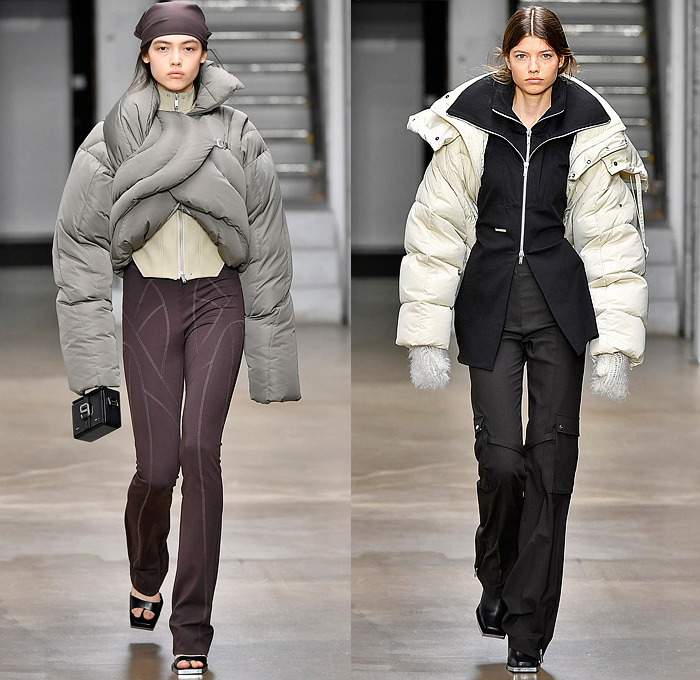 Heliot Emil 2022-2023 Fall Autumn Winter Womens Runway Looks - Paris Fashion Week Femme PFW - Carabiner Straps Belts Chainlink Mesh Knit Asymmetrical Dress Destroyed Threads Leather Crop Top Midriff Coat Parka Quilted Puffer Cutout Sheer Tulle One Shoulder Vest Gilet Zipper Pockets Motorcycle Moto Biker Jacket Miniskirt Blazer Pantsuit Harness Headwrap Handbag Arm Warmers Leg Warmers Boots