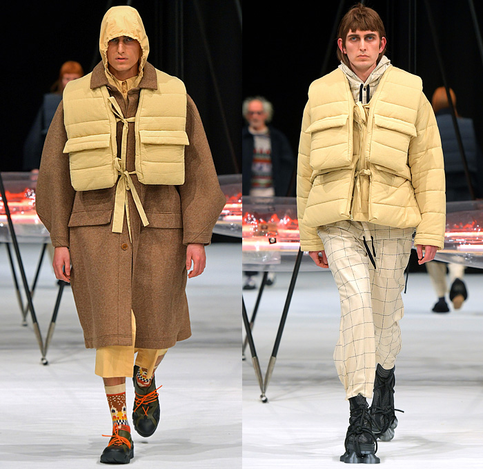 Henrik Vibskov 2022-2023 Fall Autumn Winter Mens Runway Looks - Copenhagen Fashion Week CPHFW Denmark - Biblioteca of Micro Selves - Hoodie Outerwear Coat Parka Jacket Quilted Puffer Vest Gilet Check Plaid Grid Lattice Windowpane Layers Wide Lapel Corduroy Fleece Wool Satchel Knit Sweater Spiky Pockets Suit Blazer Stripes Hi-Tops Sneakers Suction Cups