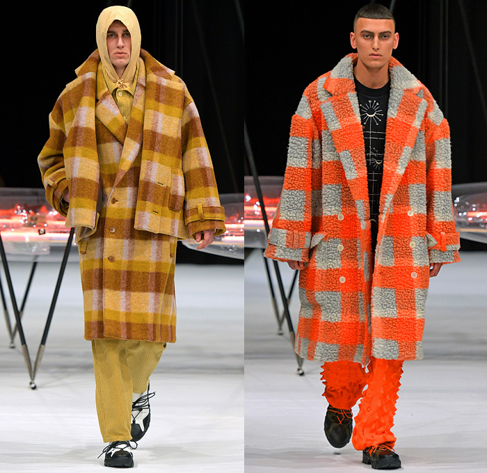 Henrik Vibskov 2022-2023 Fall Autumn Winter Mens Runway Looks - Copenhagen Fashion Week CPHFW Denmark - Biblioteca of Micro Selves - Hoodie Outerwear Coat Parka Jacket Quilted Puffer Vest Gilet Check Plaid Grid Lattice Windowpane Layers Wide Lapel Corduroy Fleece Wool Satchel Knit Sweater Spiky Pockets Suit Blazer Stripes Hi-Tops Sneakers Suction Cups