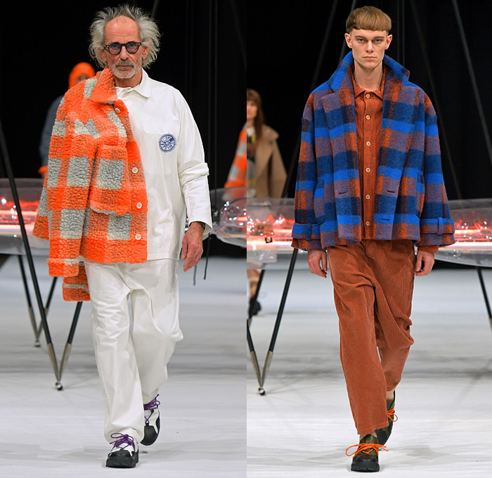 Henrik Vibskov 2022-2023 Fall Autumn Winter Mens Runway Looks - Copenhagen Fashion Week CPHFW Denmark - Biblioteca of Micro Selves - Hoodie Outerwear Coat Parka Jacket Quilted Puffer Vest Gilet Check Plaid Grid Lattice Windowpane Layers Wide Lapel Corduroy Fleece Wool Satchel Knit Sweater Spiky Pockets Suit Blazer Stripes Hi-Tops Sneakers Suction Cups