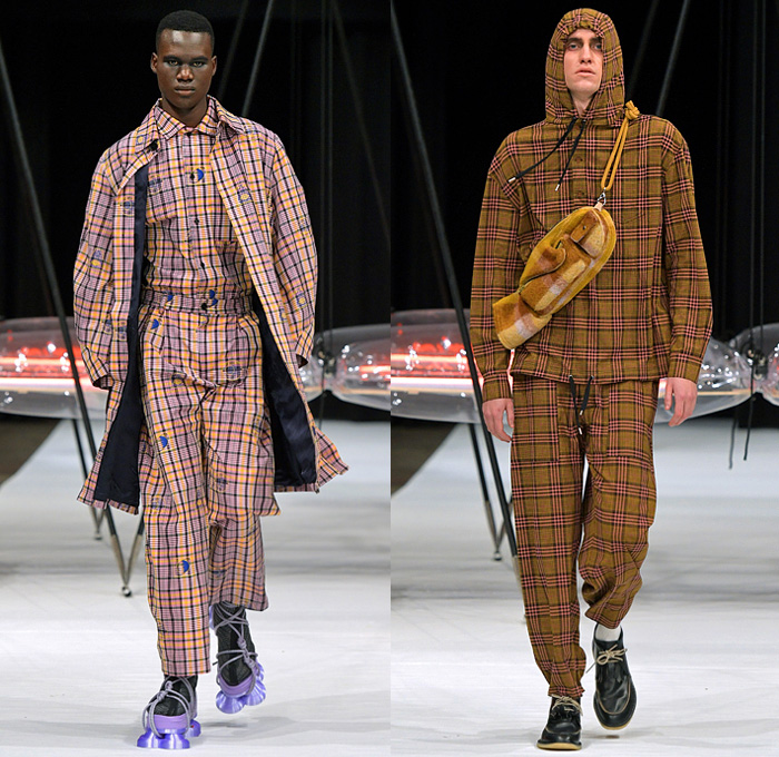 Henrik Vibskov 2022-2023 Fall Autumn Winter Mens Runway Looks - Copenhagen Fashion Week CPHFW Denmark - Biblioteca of Micro Selves - Hoodie Outerwear Coat Parka Jacket Quilted Puffer Vest Gilet Check Plaid Grid Lattice Windowpane Layers Wide Lapel Corduroy Fleece Wool Satchel Knit Sweater Spiky Pockets Suit Blazer Stripes Hi-Tops Sneakers Suction Cups