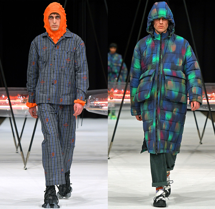 Henrik Vibskov 2022-2023 Fall Autumn Winter Mens Runway Looks - Copenhagen Fashion Week CPHFW Denmark - Biblioteca of Micro Selves - Hoodie Outerwear Coat Parka Jacket Quilted Puffer Vest Gilet Check Plaid Grid Lattice Windowpane Layers Wide Lapel Corduroy Fleece Wool Satchel Knit Sweater Spiky Pockets Suit Blazer Stripes Hi-Tops Sneakers Suction Cups