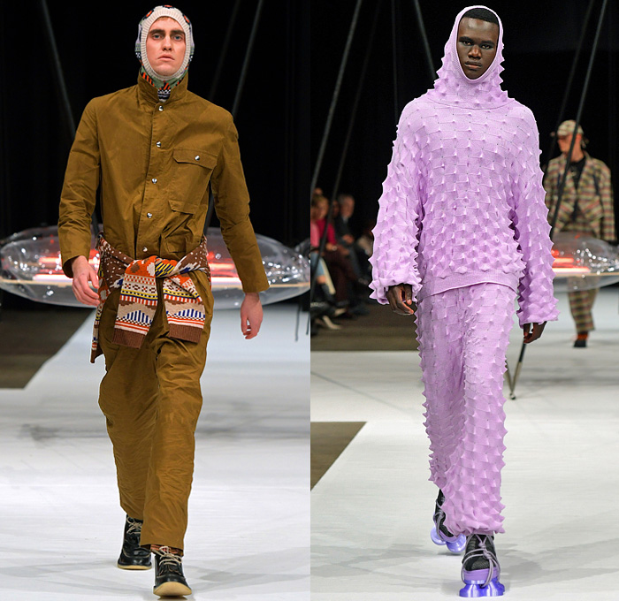 Henrik Vibskov 2022-2023 Fall Autumn Winter Mens Runway Looks - Copenhagen Fashion Week CPHFW Denmark - Biblioteca of Micro Selves - Hoodie Outerwear Coat Parka Jacket Quilted Puffer Vest Gilet Check Plaid Grid Lattice Windowpane Layers Wide Lapel Corduroy Fleece Wool Satchel Knit Sweater Spiky Pockets Suit Blazer Stripes Hi-Tops Sneakers Suction Cups