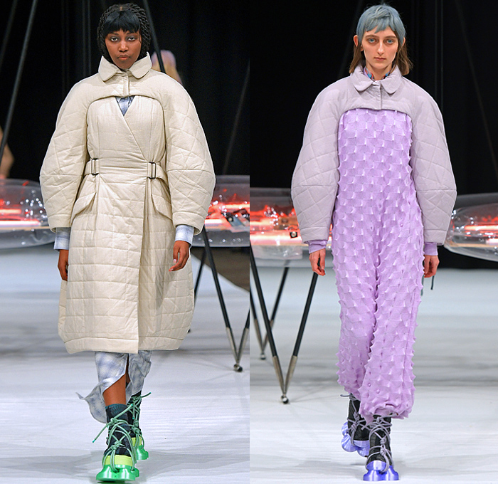 Henrik Vibskov 2022-2023 Fall Autumn Winter Womens Runway Looks - Copenhagen Fashion Week CPHFW Denmark - Biblioteca of Micro Selves - Hoodie Outerwear Coat Parka Jacket Quilted Puffer Vest Gilet Check Plaid Grid Lattice Windowpane Layers Crop Top Midriff Corduroy Fleece Wool Geometric Knit Sweater Spiky Pockets Pantsuit  Blazer Stripes Dress Twist Platelets Pleats Draped Hi-Tops Sneakers Gladiator Suction Cups Satchel