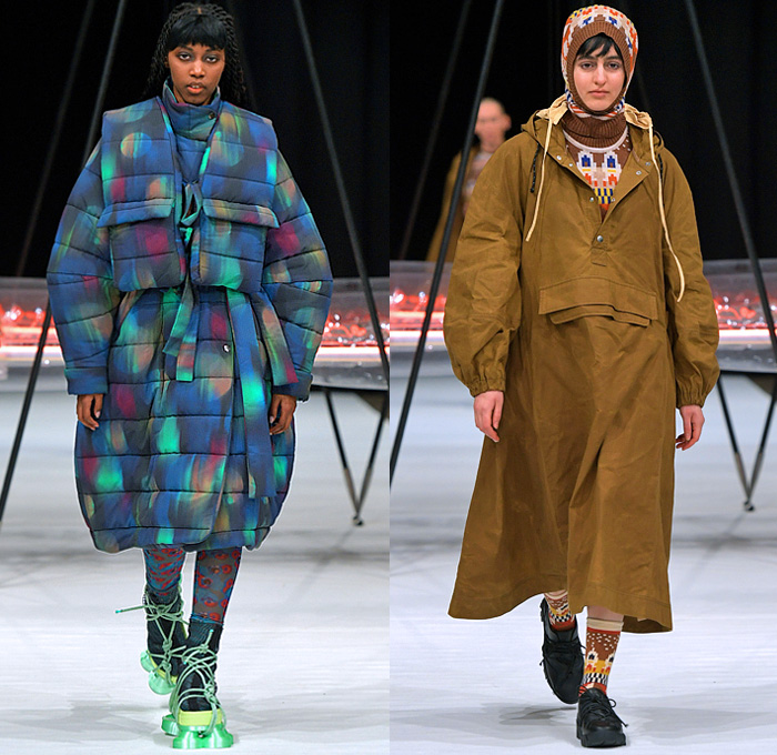 Henrik Vibskov 2022-2023 Fall Autumn Winter Womens Runway Looks - Copenhagen Fashion Week CPHFW Denmark - Biblioteca of Micro Selves - Hoodie Outerwear Coat Parka Jacket Quilted Puffer Vest Gilet Check Plaid Grid Lattice Windowpane Layers Crop Top Midriff Corduroy Fleece Wool Geometric Knit Sweater Spiky Pockets Pantsuit  Blazer Stripes Dress Twist Platelets Pleats Draped Hi-Tops Sneakers Gladiator Suction Cups Satchel