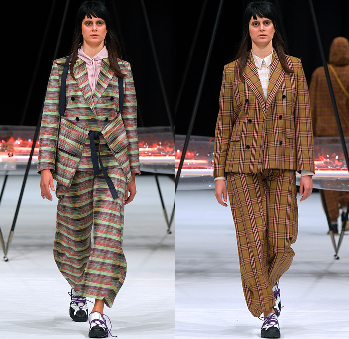 Henrik Vibskov 2022-2023 Fall Autumn Winter Womens Runway Looks - Copenhagen Fashion Week CPHFW Denmark - Biblioteca of Micro Selves - Hoodie Outerwear Coat Parka Jacket Quilted Puffer Vest Gilet Check Plaid Grid Lattice Windowpane Layers Crop Top Midriff Corduroy Fleece Wool Geometric Knit Sweater Spiky Pockets Pantsuit  Blazer Stripes Dress Twist Platelets Pleats Draped Hi-Tops Sneakers Gladiator Suction Cups Satchel