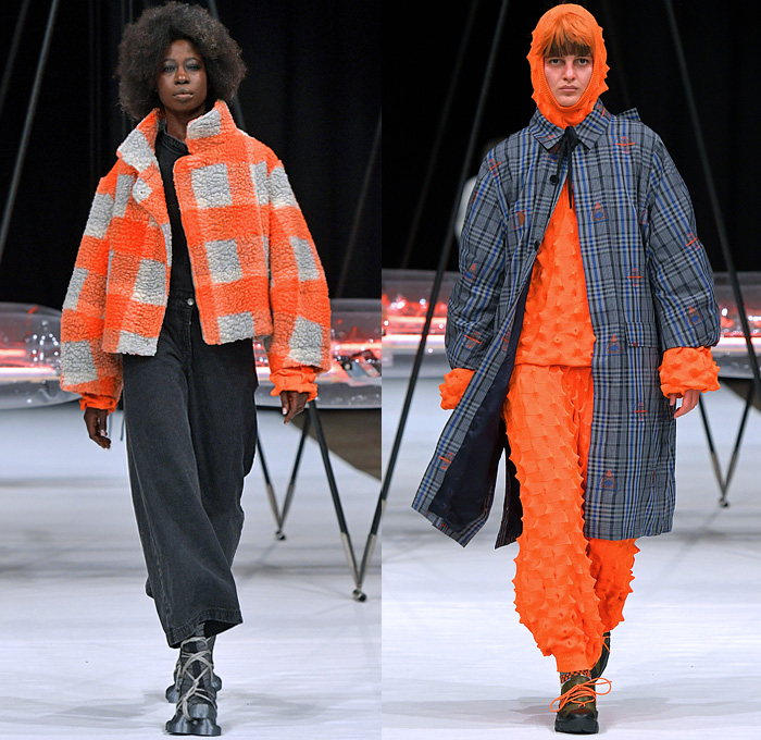 Henrik Vibskov 2022-2023 Fall Autumn Winter Womens Runway Looks - Copenhagen Fashion Week CPHFW Denmark - Biblioteca of Micro Selves - Hoodie Outerwear Coat Parka Jacket Quilted Puffer Vest Gilet Check Plaid Grid Lattice Windowpane Layers Crop Top Midriff Corduroy Fleece Wool Geometric Knit Sweater Spiky Pockets Pantsuit  Blazer Stripes Dress Twist Platelets Pleats Draped Hi-Tops Sneakers Gladiator Suction Cups Satchel