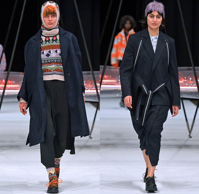 Henrik Vibskov 2022-2023 Fall Autumn Winter Womens Runway Looks - Copenhagen Fashion Week CPHFW Denmark - Biblioteca of Micro Selves - Hoodie Outerwear Coat Parka Jacket Quilted Puffer Vest Gilet Check Plaid Grid Lattice Windowpane Layers Crop Top Midriff Corduroy Fleece Wool Geometric Knit Sweater Spiky Pockets Pantsuit  Blazer Stripes Dress Twist Platelets Pleats Draped Hi-Tops Sneakers Gladiator Suction Cups Satchel