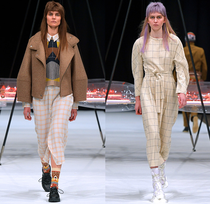 Henrik Vibskov 2022-2023 Fall Autumn Winter Womens Runway Looks - Copenhagen Fashion Week CPHFW Denmark - Biblioteca of Micro Selves - Hoodie Outerwear Coat Parka Jacket Quilted Puffer Vest Gilet Check Plaid Grid Lattice Windowpane Layers Crop Top Midriff Corduroy Fleece Wool Geometric Knit Sweater Spiky Pockets Pantsuit  Blazer Stripes Dress Twist Platelets Pleats Draped Hi-Tops Sneakers Gladiator Suction Cups Satchel