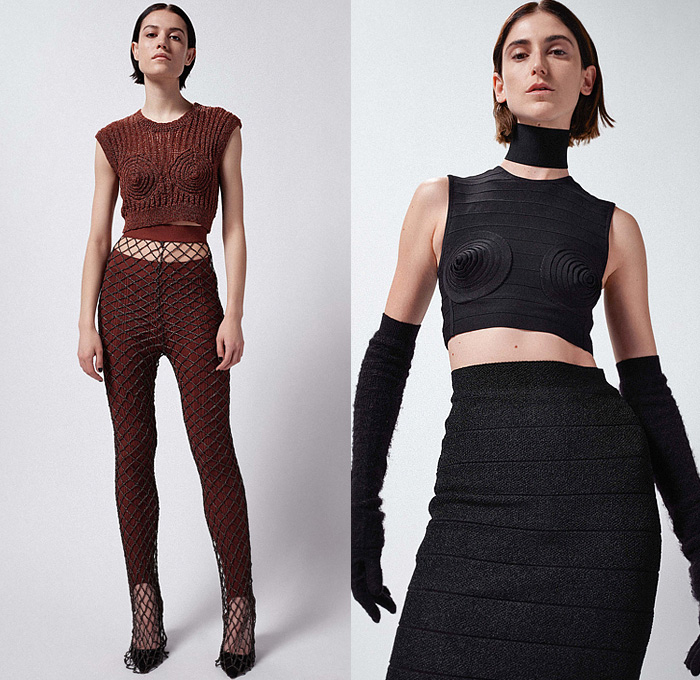 Hervé Léger 2022-2023 Fall Autumn Winter Womens Lookbook Presentation - New York Fashion Week NYFW American Collections Calendar - Bralette Crop Top Midriff Bodycon Body Contour Opera Gloves Knit Weave Bandage Pencil Skirt Ribbed Sheer Curls Cutout Waist Turtleneck Sweater Jumper Shorts Miniskirt Chain Fishnet Net Mesh Flare Dress Leggings Tights Stirrup Pants Vest Blouse Cones Fringes Trims Straps