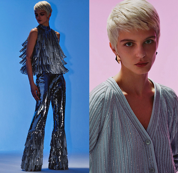 Huishan Zhang 2022 Pre-Fall Autumn Womens Lookbook Presentation - 1940s Hollywood Polka Dots Denim Jeans Dress Feathers Plumage Strapless Gown Bow Tweed Frayed Raw Hem Blazer Jacket Check Fringes Bedazzled Sequins Crystals Gems Flare Cardigan Puff Sleeves Blouse Midi Skirt Ruffles Oversleeve Capelet Crop Top Midriff Silk Satin Sheer Tulle Tiered Opera Gloves Boots Loafers