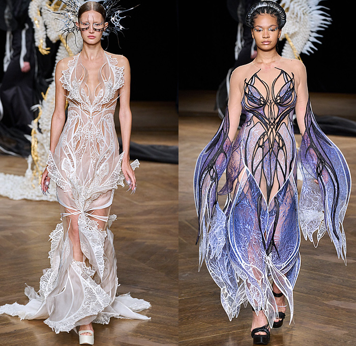 Iris van Herpen 2022-2023 Fall Autumn Winter Womens Runway Catwalk Looks - Haute Couture Avant Garde High Fashion - Meta-Morphism 3D Printed Sculpture Branches Veins Lasercut Electroplated Silver Plant Organza Sheer Tulle Draped Dress Gown Onesie Jumpsuit Playsuit Overalls Embroidery Swirls Banana Leaf Ribbons Skeletal Spine Futuristic Web Mesh Headwear Fringes One Shoulder Sorceress Outline Face Silhouette Coat Handbag