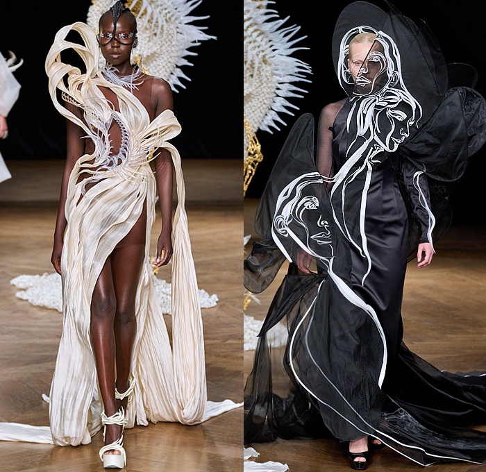 Iris van Herpen 2022-2023 Fall Autumn Winter Womens Runway Catwalk Looks - Haute Couture Avant Garde High Fashion - Meta-Morphism 3D Printed Sculpture Branches Veins Lasercut Electroplated Silver Plant Organza Sheer Tulle Draped Dress Gown Onesie Jumpsuit Playsuit Overalls Embroidery Swirls Banana Leaf Ribbons Skeletal Spine Futuristic Web Mesh Headwear Fringes One Shoulder Sorceress Outline Face Silhouette Coat Handbag