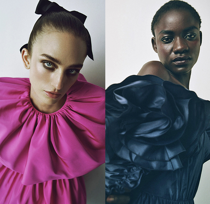 Jason Wu Collection 2022 Pre-Fall Autumn Womens Lookbook Presentation - Pellegrina Capelet Sculpture Ruffles Flower Bud Strapless Open Shoulders Dress Gown Eveningwear Puff Ball Sheer Tulle Lace Embroidery Patchwork Blurry Watercolor Smudges Tied Knot Tweed Fringes Blouse Crop Top Midriff Knit Ribbed Noodle Strap Trompe L'oeil Floral Tights Stockings Heels