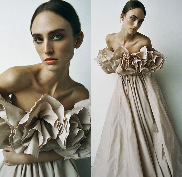 Jason Wu Collection 2022 Pre-Fall Autumn Womens Lookbook Presentation - Pellegrina Capelet Sculpture Ruffles Flower Bud Strapless Open Shoulders Dress Gown Eveningwear Puff Ball Sheer Tulle Lace Embroidery Patchwork Blurry Watercolor Smudges Tied Knot Tweed Fringes Blouse Crop Top Midriff Knit Ribbed Noodle Strap Trompe L'oeil Floral Tights Stockings Heels