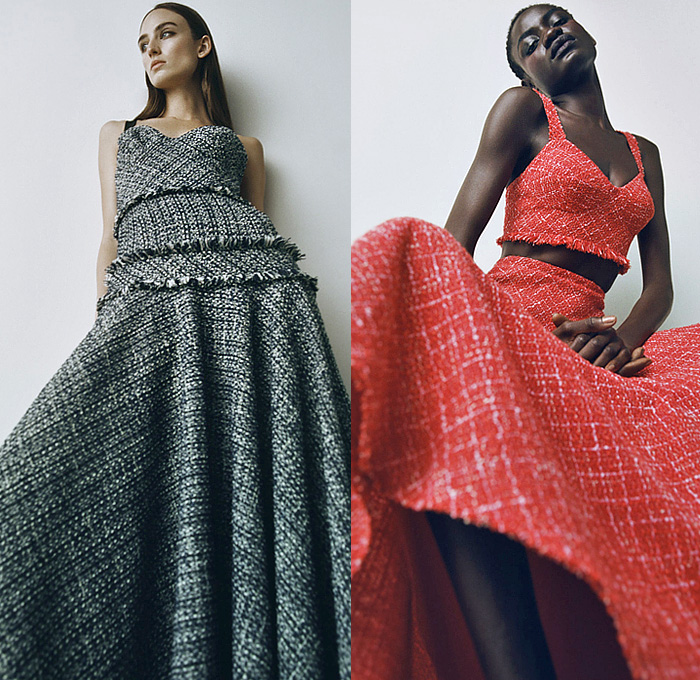 Jason Wu Collection 2022 Pre-Fall Autumn Womens Lookbook Presentation - Pellegrina Capelet Sculpture Ruffles Flower Bud Strapless Open Shoulders Dress Gown Eveningwear Puff Ball Sheer Tulle Lace Embroidery Patchwork Blurry Watercolor Smudges Tied Knot Tweed Fringes Blouse Crop Top Midriff Knit Ribbed Noodle Strap Trompe L'oeil Floral Tights Stockings Heels