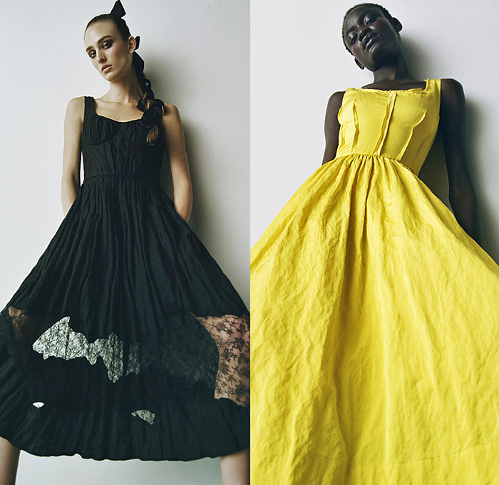 Jason Wu Collection 2022 Pre-Fall Autumn Womens Lookbook Presentation - Pellegrina Capelet Sculpture Ruffles Flower Bud Strapless Open Shoulders Dress Gown Eveningwear Puff Ball Sheer Tulle Lace Embroidery Patchwork Blurry Watercolor Smudges Tied Knot Tweed Fringes Blouse Crop Top Midriff Knit Ribbed Noodle Strap Trompe L'oeil Floral Tights Stockings Heels